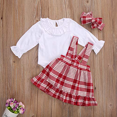 Carolilly - Conjunto de 3 piezas para niña de cuadros de color rojo invernal con pajita de manga larga + vestido de princesa + diadema para bebé de Navidad, fiesta o ceremonia rojo 6-12 Meses