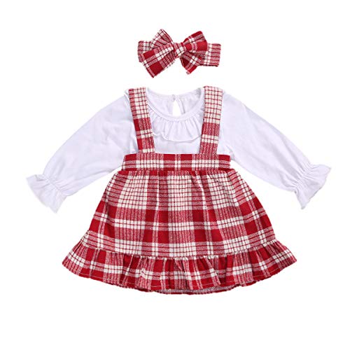 Carolilly - Conjunto de 3 piezas para niña de cuadros de color rojo invernal con pajita de manga larga + vestido de princesa + diadema para bebé de Navidad, fiesta o ceremonia rojo 6-12 Meses