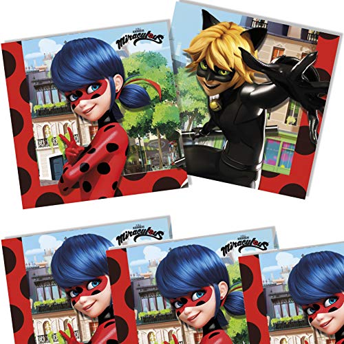 Carpeta - Set de Fiesta de 37 Piezas * Miraculous Ladybug * con Platos de Papel + servilletas + Vasos + decoración para cumpleaños Infantiles o Fiestas temáticas de superhéroes