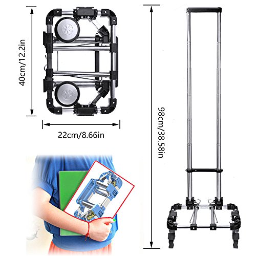 Carretilla de Mano Plegable 2 Ruedas de Aluminio y Plástico Camión de Mano Portátil Carga hasta 30kg Negro