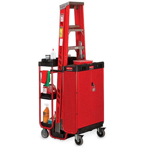 CARRO CON SERVICIO DE ESCALERA DE ACERO| RUBBERMAID| MODELO FG9T5800BLA | GABINETE| 3 ESTANTES| SEGURO FACIL DE MOVER