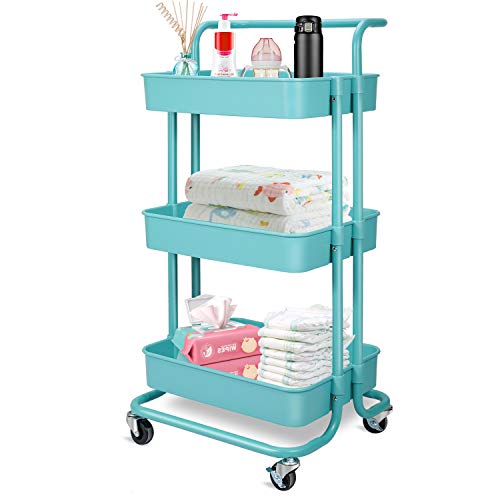 Carro de almacenamiento – 3 niveles de metal Rolling Utility Organizer Rack, Craft Art Cart, organizador multiusos, carro de servicio para oficina, baño, cocina, habitación infantil, lavandería, azul