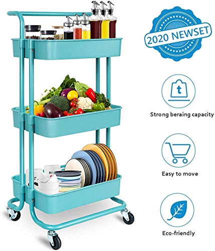 Carro de almacenamiento – 3 niveles de metal Rolling Utility Organizer Rack, Craft Art Cart, organizador multiusos, carro de servicio para oficina, baño, cocina, habitación infantil, lavandería, azul