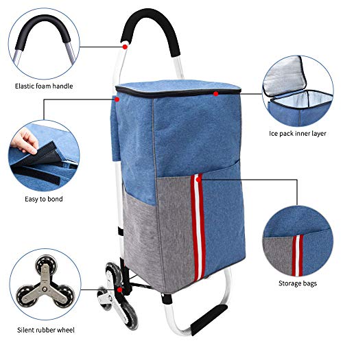 Carro de la Compra Plegable 6 Ruedas Carritos de la Compra Carrito Compra Rolser Aislado Carro Bolsa Subir Escaleras Impermeable Desmontable Asas de Aluminio, 45L, Azul