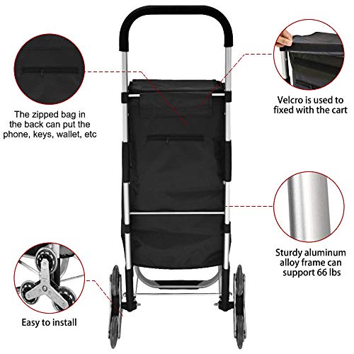 Carro de la Compra Plegable 6 Ruedas Carritos de la Compra Carrito Compra Rolser Aislado Carro Bolsa Subir Escaleras Impermeable Desmontable Asas de Aluminio, 42L, Negro