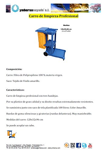 Carro Profesional de limpieza Plástico con tres bandejas con saco de vinilo de 100 Lt. más tapadera. Medidas 120x52x96 cm. (L x F x A).