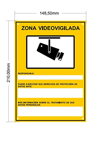 Cartel Zona Videovigilada Nuevo Modelo Homologado A5 Interior/exterior, Cartel Disuasorio Pvc Flexible, Placa Videovigilancia 21x15 cm, Amarillo