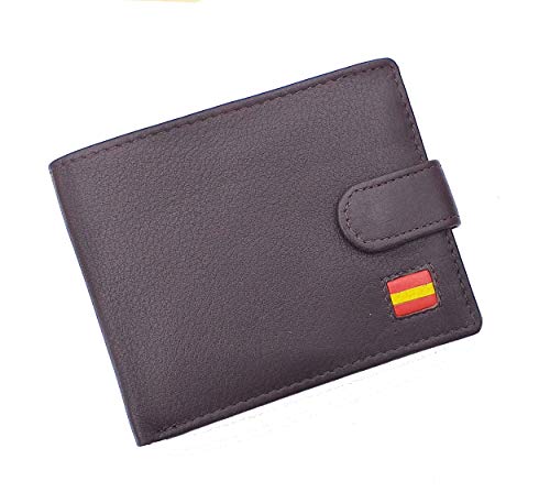 Cartera Billetero Monedero Americano, Bandera de España, Caballero -Piel Autentica, Color Marrón