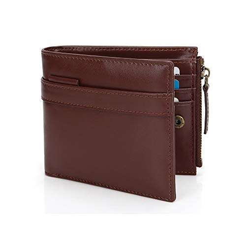 Cartera de Cuero Billetera de hombre Monederos de hombre con Cuero Genuino,Gran Capacidad & RFID Bloqueo, Carteras hombre Cuero con bolsillo de cremallera para monedas &llaves