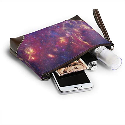 Cartera de piel auténtica para mujer con cremallera alrededor de la muñeca, bolso largo vintage grabado en relieve cuero vacuno embrague triple monitor multi pantalla espacio espacio Etoiles Stars