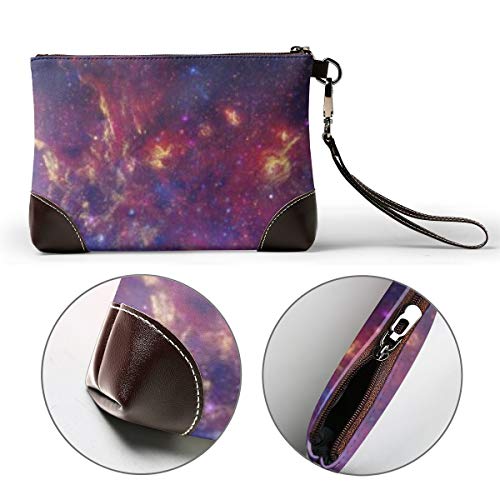 Cartera de piel auténtica para mujer con cremallera alrededor de la muñeca, bolso largo vintage grabado en relieve cuero vacuno embrague triple monitor multi pantalla espacio espacio Etoiles Stars