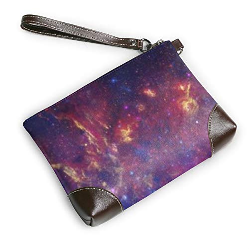 Cartera de piel auténtica para mujer con cremallera alrededor de la muñeca, bolso largo vintage grabado en relieve cuero vacuno embrague triple monitor multi pantalla espacio espacio Etoiles Stars