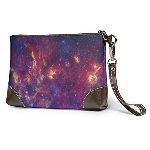 Cartera de piel auténtica para mujer con cremallera alrededor de la muñeca, bolso largo vintage grabado en relieve cuero vacuno embrague triple monitor multi pantalla espacio espacio Etoiles Stars