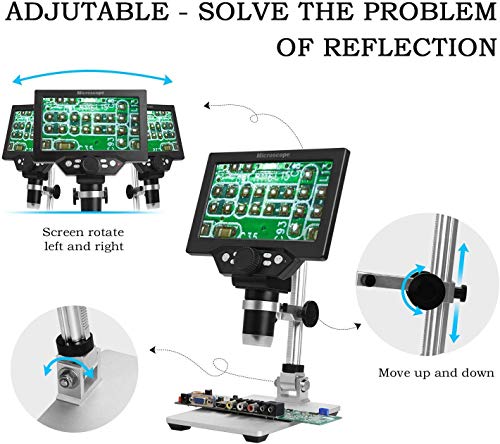CARYWON Microscopio Digital HD de 7 Pulgadas 1200X ángulo Ajustable con 8 Resalte Regulables Luz Micro SD de Almacenamiento de Cámara del Teléfono