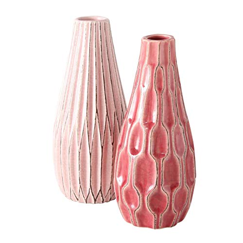 CasaJame 2 x Macetas de Interior y Exterior - Jarrones de Mesa de Cerámica para Plantas - Jardineras de Porcelana Decorativas con Estructura en Relieve - Terracota Rosa Altura 24cm, Ø 10cm