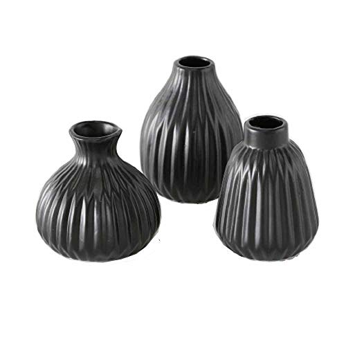 CasaJame 3 x Macetas de Interior y Exterior - Jarrones de Mesa de Cerámica para Plantas - Jardineras de Porcelana Decorativas con Estructura en Relieve - Terracota Negra Altura 12cm, Ø 9cm