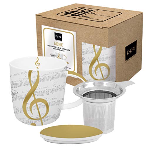 CasaJame Cocina Cubertería Vajilla Taza Grande con Tapa y Filtro Colador para Café Té de Hierbas Motivo Pentagrama Musical Oro