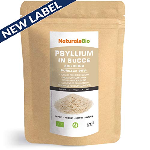 Cáscara de Psyllium Ecológico [99% Pureza] 1 Kg. Psyllium Husk, Natural y Puro. 100% cutícula de semillas de Psilio Orgánico, producido en India. Rico en Fibra, para añadir al Agua, Bebidas y Zumos.