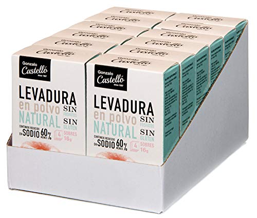 Castelló Since 1907 Levadura en Polvo Sin Gluten, Sin Fosfatos y Baja en Sodio - Bandeja 12 Paquetes de 4 x 64 gr - Total: 768 gr