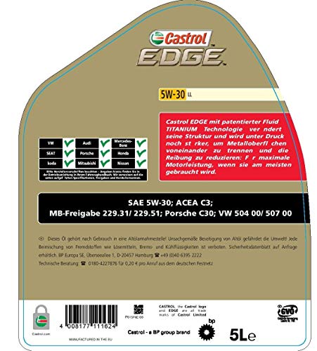 Castrol 57420 EDGE Titanium Aceite para Motor FST 5W-30 LL, 5L (Sello alemán)