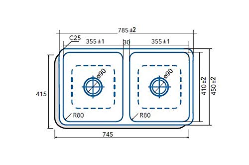 Cata 02607101 Fregadero Bajo Encimera CB-2, 2 Cubetas Cuadradas, 785x450, Acero INOX