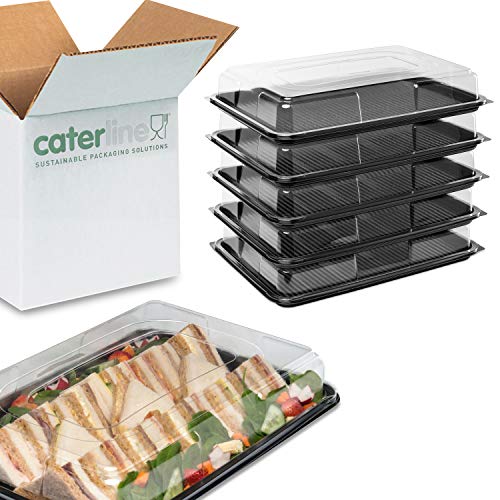 Caterline - 10 platos de sándwich grandes con tapas | bandejas de plástico recicladas para fiestas de catering buffet, 450 mm de largo x 310 mm de ancho x 70 mm de profundidad.