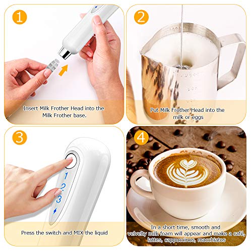 CAVN Espumador de Leche electrico, Ajustable 3 velocidades con 1 batidor de Resorte de Acero Inoxidable, 1 Batidos de Espiral de Acero Inoxidable para café, café con Leche, Latte Cappuccino