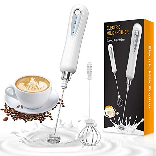 CAVN Espumador de Leche electrico, Ajustable 3 velocidades con 1 batidor de Resorte de Acero Inoxidable, 1 Batidos de Espiral de Acero Inoxidable para café, café con Leche, Latte Cappuccino