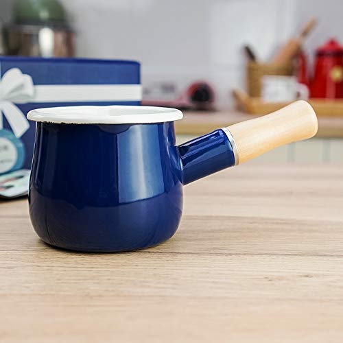 Cazo antiadherente pequeño para leche, té, café, hervir huevos, preparar la papilla del bebé, diseño esmaltado con mango de madera, fácil de limpiar, de Jmahm. azul