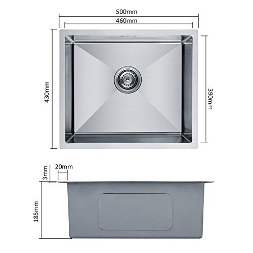 CECIPA Fregadero Cocina un Seno 50 x 43 x 18.5cm Bajo/Sobre Encimera, Cuadrado Fregadero de Cocina con 2 Agujeros de Montaje y Escurridor, Acero Inoxidable Cepillado 304