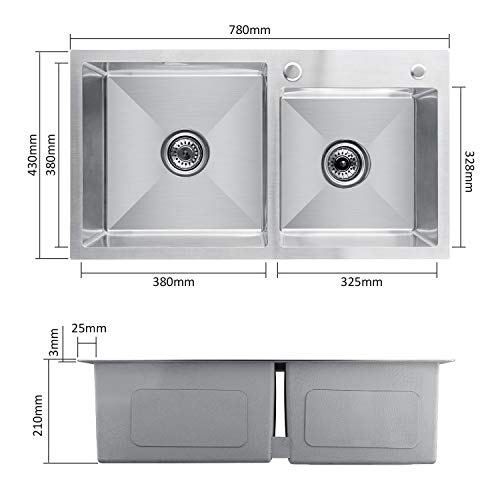 CECIPA Fregadero de Cocina Dos Senos 78×43CM Fregadero de Acero Inox con 2 Orificios de Montaje Fregadero con Sifón y Rebosadero（Dispensador de Jabón Gratis）