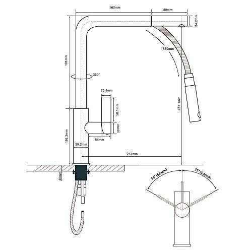 CECIPA Grifo para Fregadero Extraíble Negro - Monomando Grifo de Cocina Caño Alto Giratorio de 360º, Diseño Moderno Negro/Cromado