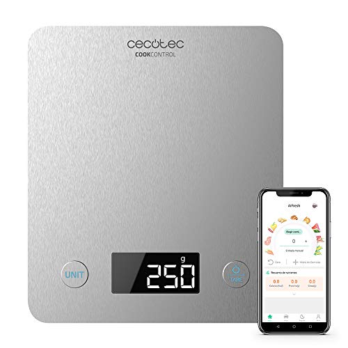 Cecotec Báscula de Cocina Cook Control 10000 Connected con App, Acabado en Acero INOX, precisión de 1 gr, Capacidad de 5 kg, Pantalla LCD, diseño extraplano, Recubrimiento antihuellas