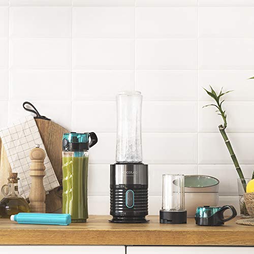 Cecotec Batidora de Vaso Individual Power Titanium 650 Fresh&Go INOX. Potencia 650 W,Cuchillas con Recubrimiento de Titanio Negro, 2 Tubos refrigeradores, 2 Vasos portátiles, Molinillo