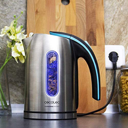 Cecotec Hervidor de Agua Eléctrico ThermoSense 270 Steel. 1,7 litros, Libre de BPA, Acero Inoxidable, Base 360º, Filtro Antical, Doble Sistema de Seguridad, 2200 W