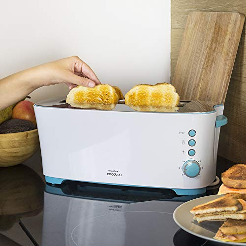 Cecotec Toast&Taste 2L - Tostadora, 7 Niveles de Potencia, Capacidad para 4 Tostadas, 3 Funciones (Tostar, Recalentar, Descongelar) Incluye Soporte Panecillos, Bandeja Recogemigas, 1350 W