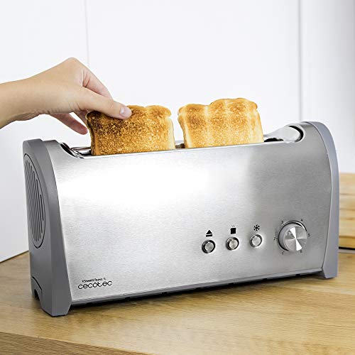 Cecotec Tostadora Acero Steel&Toast 1L. 6 Niveles de Potencia, Capacidad para 2 Tostadas, 3 Funciones (Tostar, Recalentar, Descongelar), Incluye Soporte Panecillos, con Bandeja Recogemigas, 1000 W