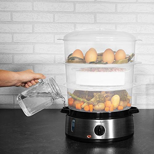 Cecotec Vaporera eléctrica Vapovita 3000 INOX con 800 W, 3 recipientes Independientes, Cuenco para Preparar arroz, Soportes para cocer Huevos, Temporizador 60 Minutos. 2 entradas Laterales de Agua.