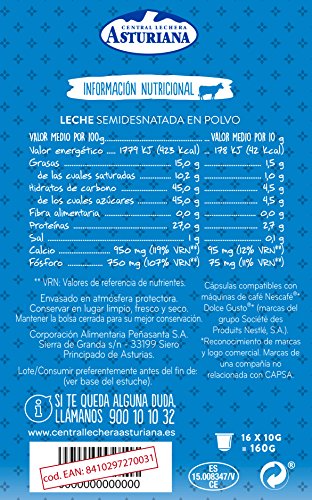 Central Lechera Asturiana Cápsulas de Leche Semidesnatada - 4 Paquetes de 16 Cápsulas - Total: 64 Cápsulas