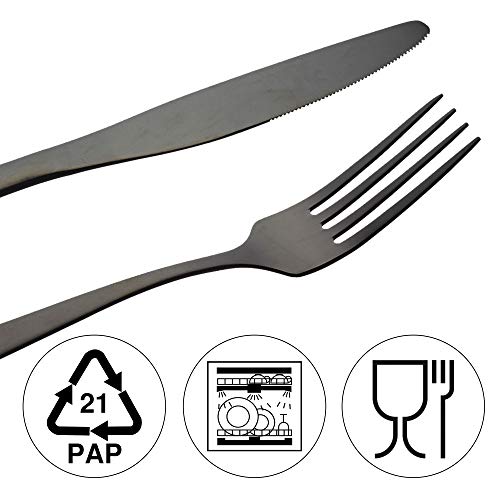 Cepewa - Juego de cubiertos de 16 piezas de acero inoxidable 430, cuchillo, tenedor, cuchara, cuchara de té, cubiertos de diseño, apto para lavavajillas, 4 personas, color negro brillante