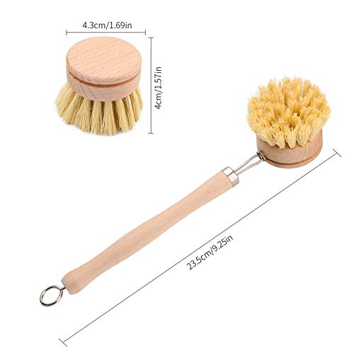 Cepillo para Platos de Madera Cepillo Largo con 3 Cabeza de Repuesto para Limpiar Utensilios Cocina, Cepillo de Madera para Lavar Platos, para Ollas, Sartenes, Platos