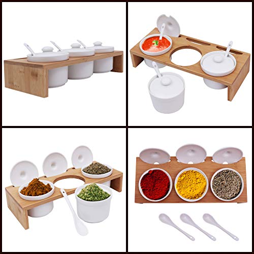 Cerámica Aperitivos Set (Pack de 3) - Ramequin Aperitivos Set - Condimentos Set con Tapas, Cuchara y Bambú Bandeja para Almacenar Condimentos, Uso Hogar, Oficina, Restaurante