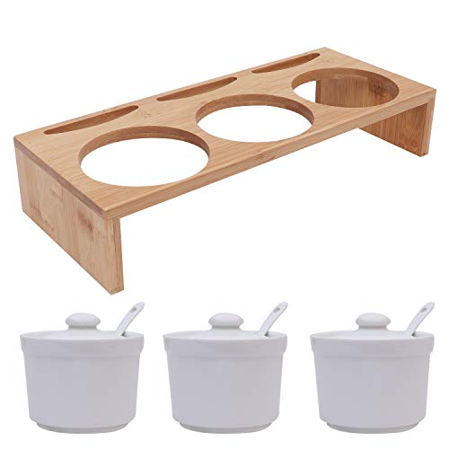 Cerámica Aperitivos Set (Pack de 3) - Ramequin Aperitivos Set - Condimentos Set con Tapas, Cuchara y Bambú Bandeja para Almacenar Condimentos, Uso Hogar, Oficina, Restaurante