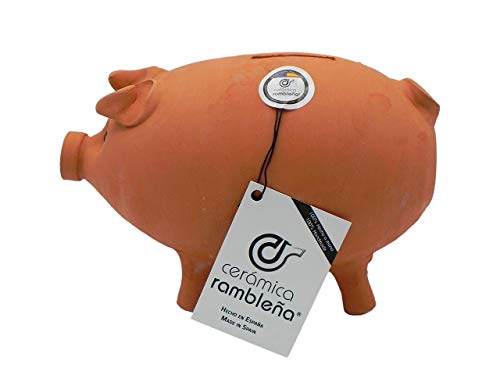 CERÁMICA RAMBLEÑA | Hucha Cerdito de Barro Rojo Tradicional | Hucha Infantil | 100% Hecho a Mano | 22x13x15 cm