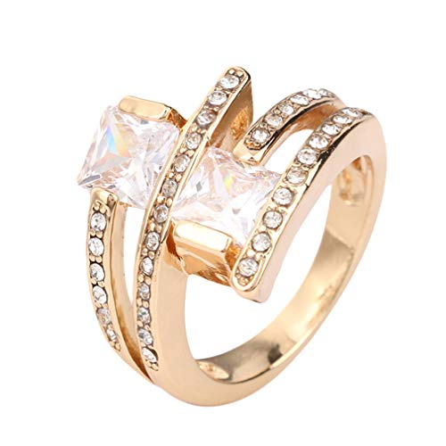 CEREOTH Anillo Chapado en Oro de 14 k para Mujer Forma de línea con Incrustaciones de Diamantes de imitación de Corte Cuadrado Anillo Resistente al deslustre Anillo de Compromiso(Talla 14)