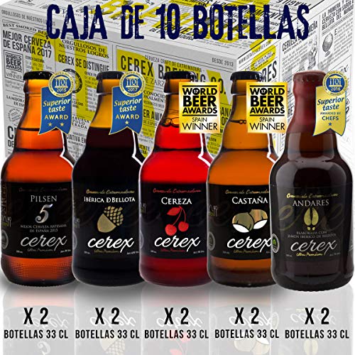 CEREX- Pack Degustación de 10 Cervezas Artesanas – Cerveza de Castaña, Ibérica de Bellota, Cereza, Pilsen y Andares – Mejor Cerveza Artesanal de España Premios “World Beer Awards 2017”