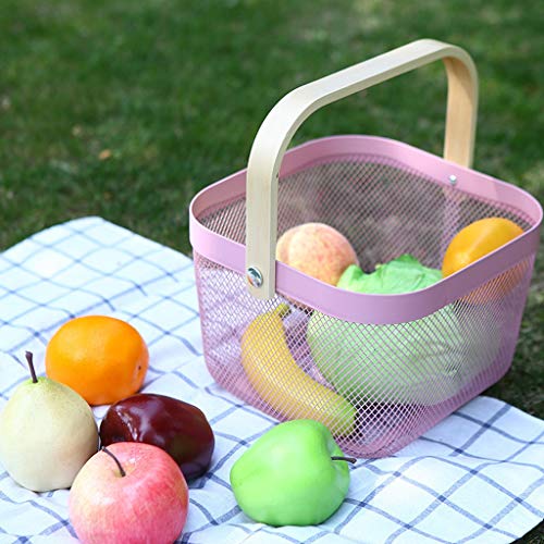 Cesta de almacenamiento Hunpta, de malla de acero inoxidable para almacenar alimentos con mango de madera, cestas de compras, cestas para picnic, verduras, frutas, etc. rosa