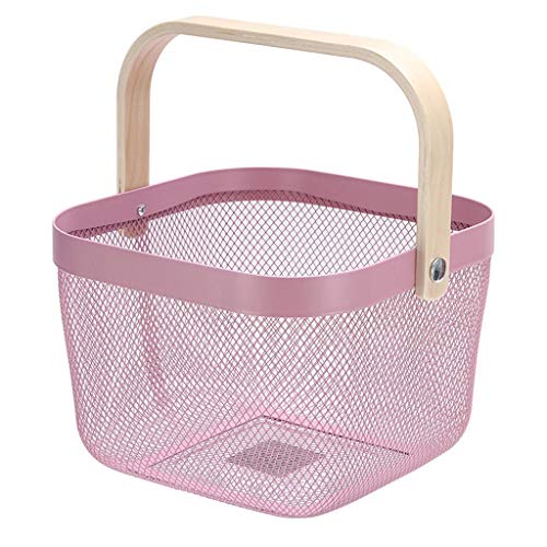 Cesta de almacenamiento Hunpta, de malla de acero inoxidable para almacenar alimentos con mango de madera, cestas de compras, cestas para picnic, verduras, frutas, etc. rosa