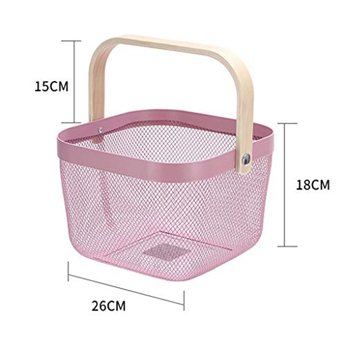 Cesta de almacenamiento Hunpta, de malla de acero inoxidable para almacenar alimentos con mango de madera, cestas de compras, cestas para picnic, verduras, frutas, etc. rosa