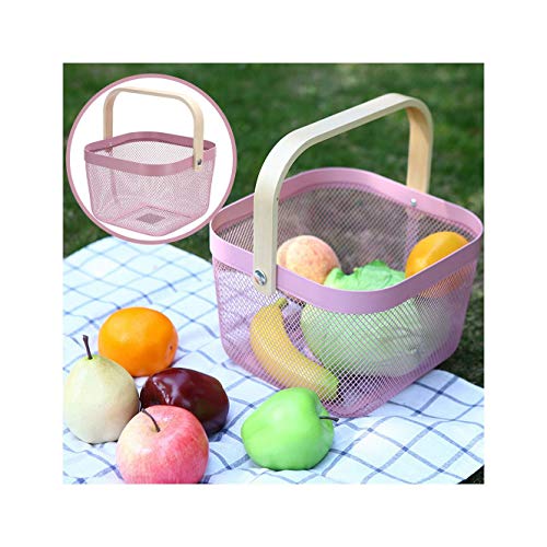 Cesta de almacenamiento Hunpta, de malla de acero inoxidable para almacenar alimentos con mango de madera, cestas de compras, cestas para picnic, verduras, frutas, etc. rosa